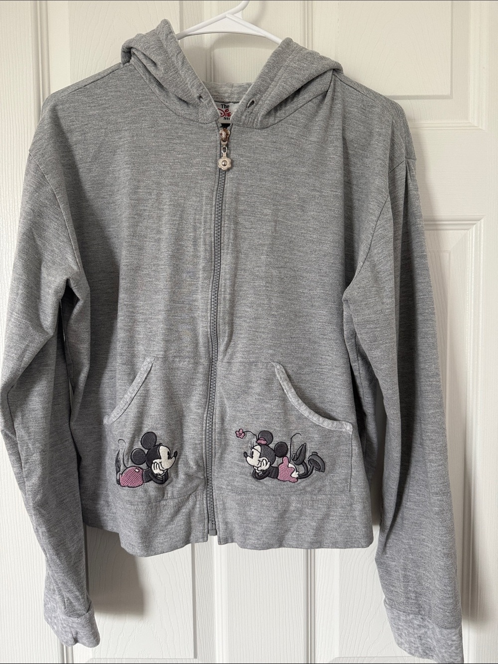 Disney Gray Zip-Up Hoodie with Minnie & Mickey Mouse Pocket Embroidery